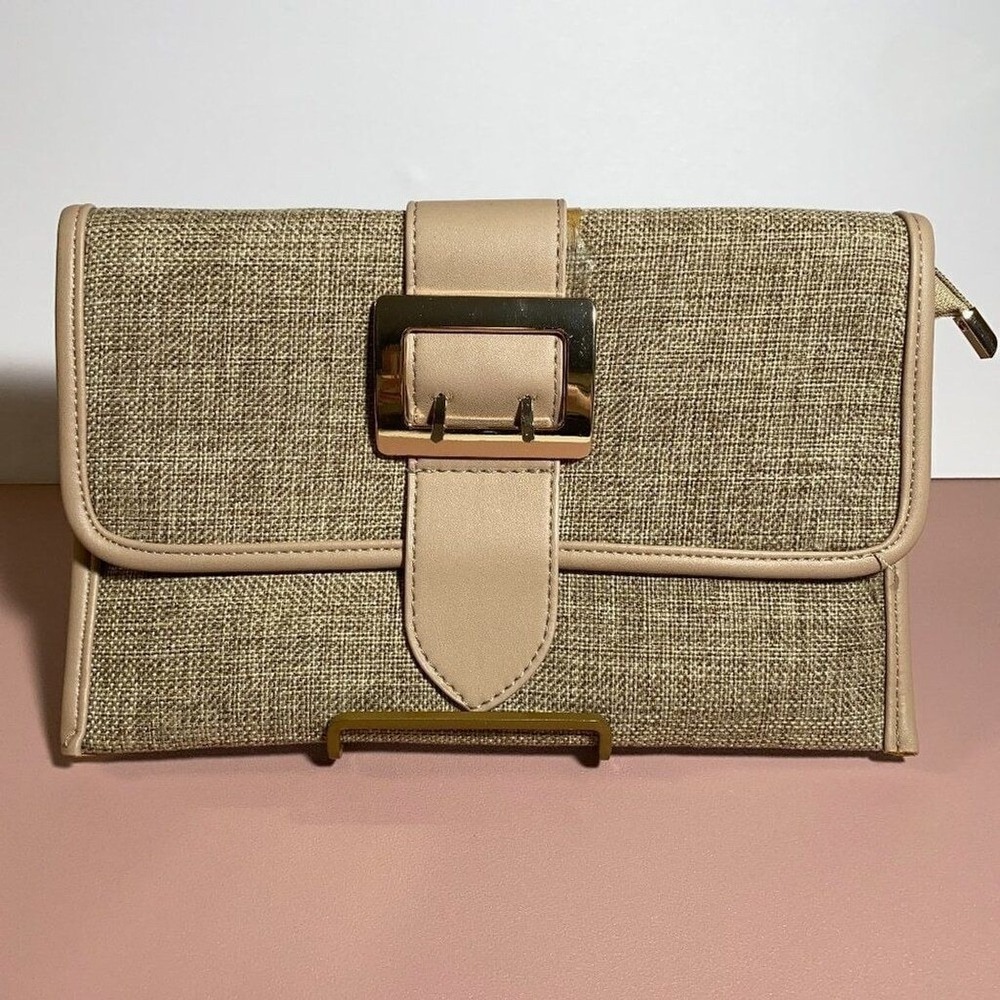 Chic Women's Clutch Bag Beige Canvas Faux Leather Trim Gold Buckle Evening Bag